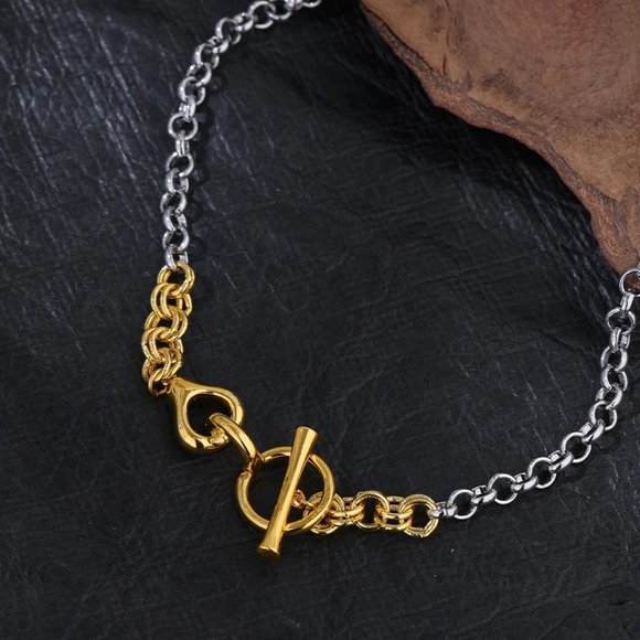 NEW Two Tone 18K Gold Plated Circle Bar Toggle Link Chain Necklace - Picture 2 of 5